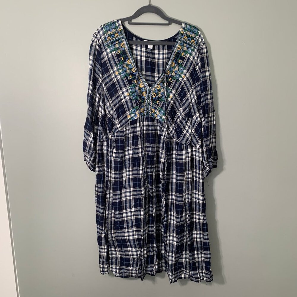 NEW Westport 1962‎ Plaid Embroidered V-Neck Dress Women 3X Navy Blue Boho Floral